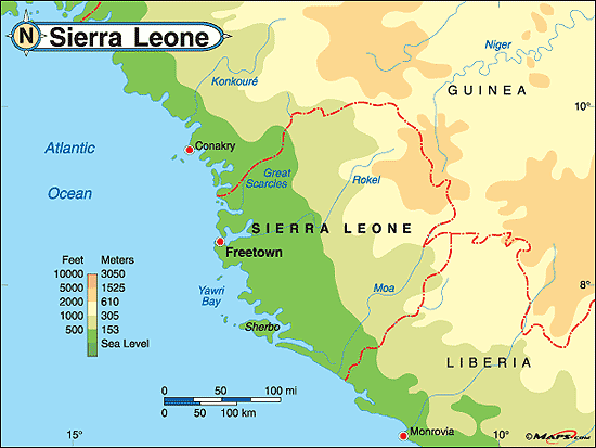 Sierra Leone kis területű ország Nyugat-Afrikában, az Atlanti-óceán partján. Szomszédos országai Libéria és Guinea. Mangrovemocsárerdős partját 30–40 km széles parti síkság övezi, amely északkelet felé 150–200 m magas dombsággá emelkedik. Az ország belső részét a Guineai-küszöb völgyekkel szabdalt fennsíkjai alkotják, amelyekből 800–1200 m magas röghegységek emelkednek ki. A legmagasabb csúcsa a Loma-hegységben található Loma Mansa, 1948 méter.